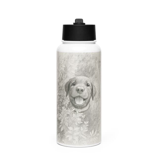 Example image of a water bottle with a printed sketch of a puppy playing between plants.